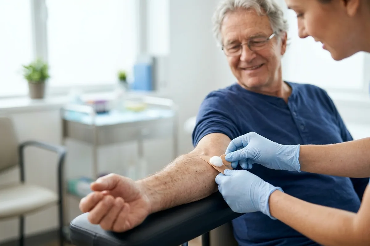 Smiling older man in a clinic as a nurse places a small bandage on his arm after a routine blood test — checking vitamin B12 and vitamin D levels before taking vitamins for vertigo