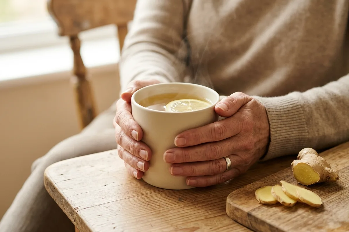 Older woman's hands holding a ceramic mug of fresh ginger tea beside sliced ginger root on a wooden table — a soothing home remedy, though evidence for ginger and vertigo is weak