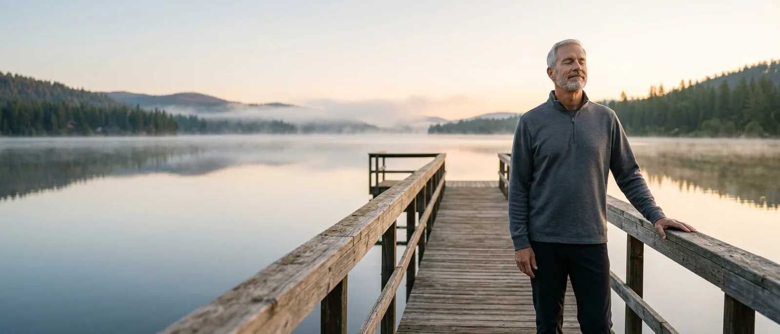 Man in his sixties standing steady with eyes closed at the end of a wooden lake pier at sunrise — feeling balanced again, the goal behind the best supplements and vitamins for vertigo after 50