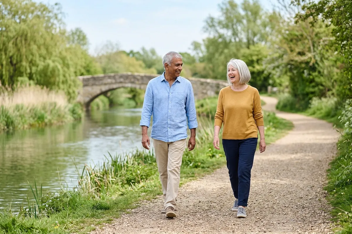 Two friends in their sixties taking an easy after-lunch walk along a riverside path, an unhurried routine for people dealing with blood sugar and dizziness after meals