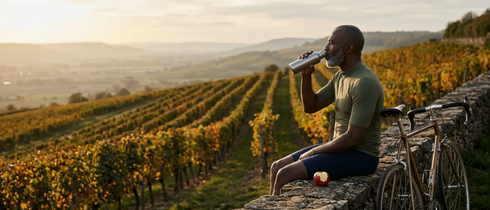 Man in his sixties resting on a stone wall by a hillside vineyard after a bike ride, sipping water with an apple beside him, pacing food and activity to manage blood sugar and dizziness after 50