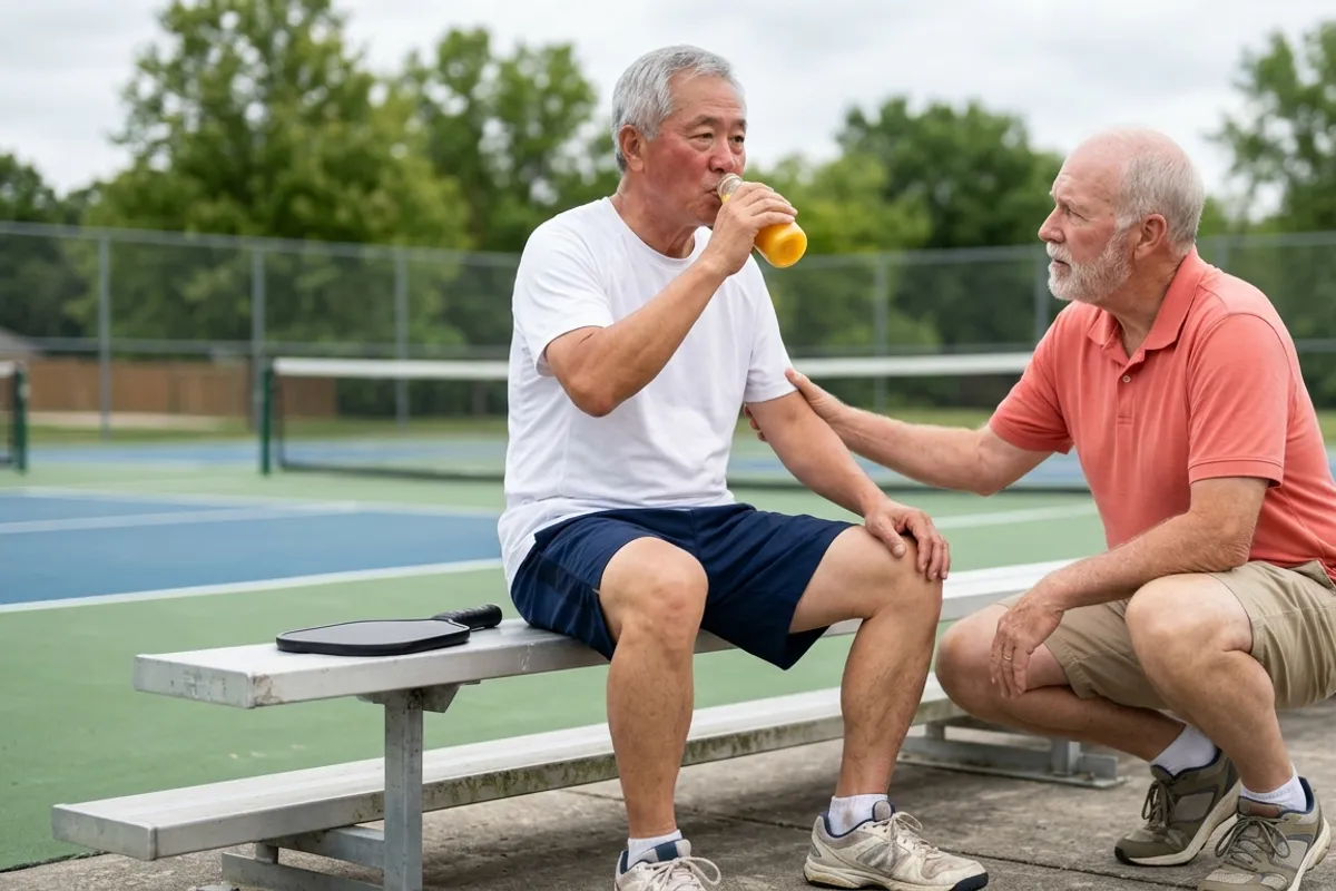 Man in his sixties sitting courtside after a pickleball game, drinking a small bottle of orange juice while a friend checks on him, a fast-acting carbohydrate for low blood sugar