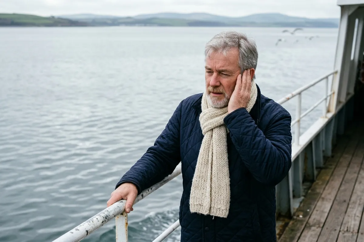 Older man on a ferry deck holding the rail and pressing a palm to one ear, a sign of the ear fullness that separates BPPV vs Ménière's disease