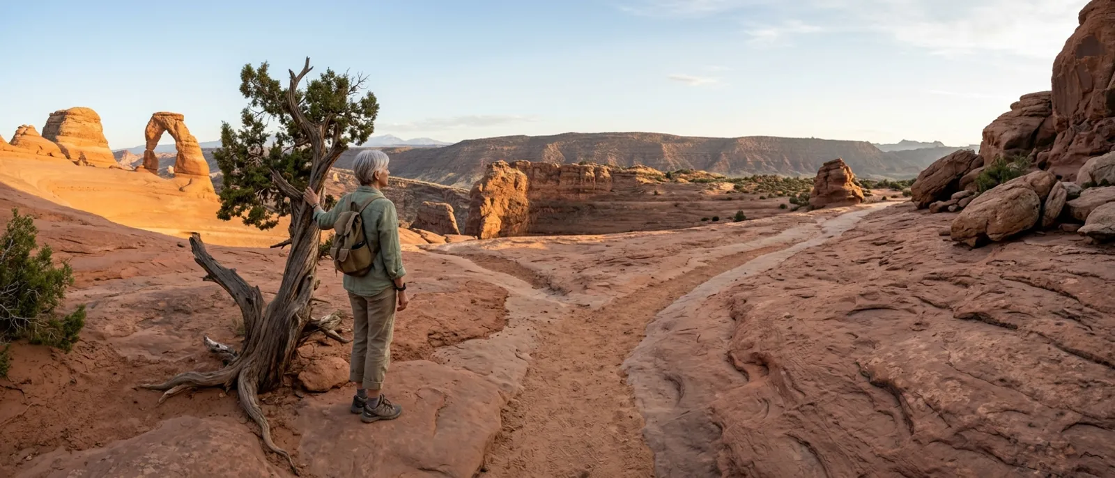 Woman in her sixties pausing where the trail splits across red desert rock at golden hour, a picture of choosing between BPPV vs Ménière's vs vestibular neuritis