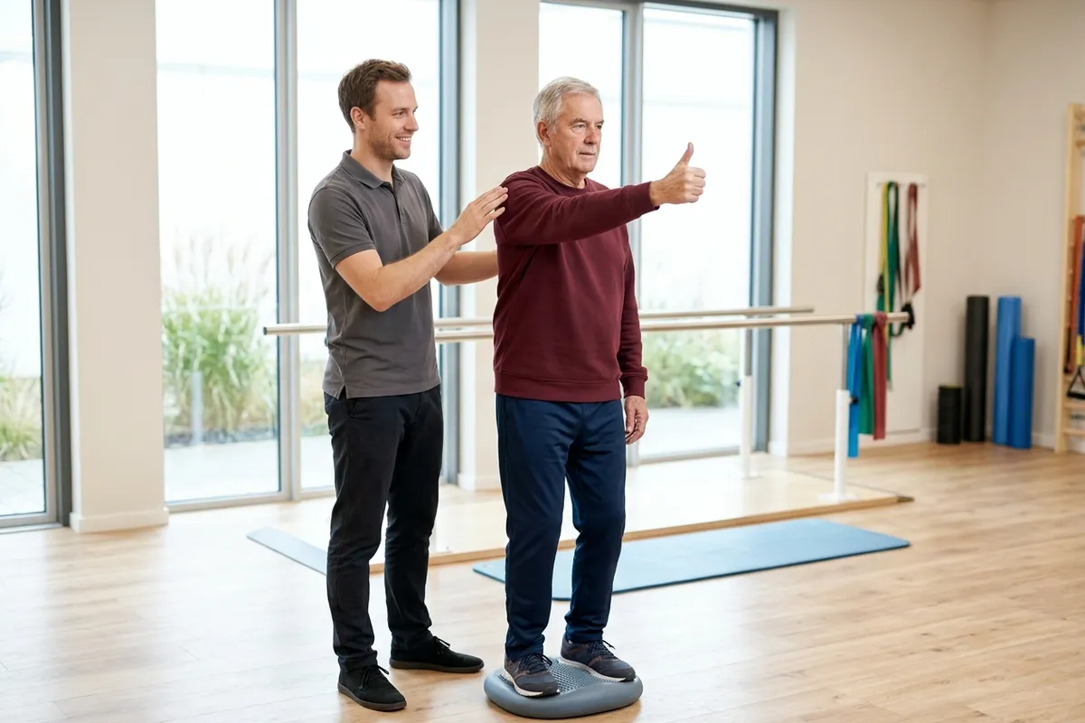 Physical therapist guiding a man in his late sixties through a gaze-stabilization exercise in a bright rehab gym, vestibular rehabilitation after vestibular neuritis