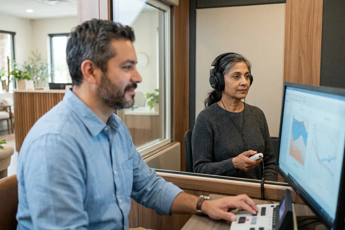 Woman in her late fifties wearing headphones in a hearing test booth while an audiologist watches the screen — a hearing test is the first step for constant tinnitus