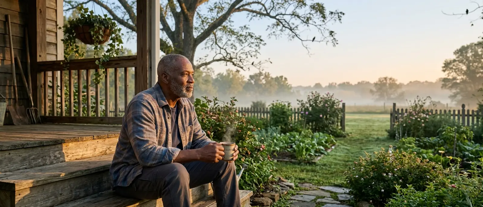 Man in his sixties sitting on a back porch at sunrise with a mug of coffee, calm and looking out at the yard — living well with constant tinnitus