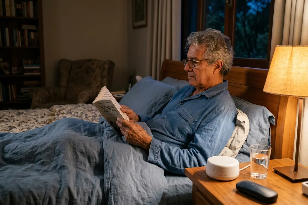 Older man reading in bed by lamplight with a small white sound machine on the nightstand — soft background sound at night for constant ringing in the ears
