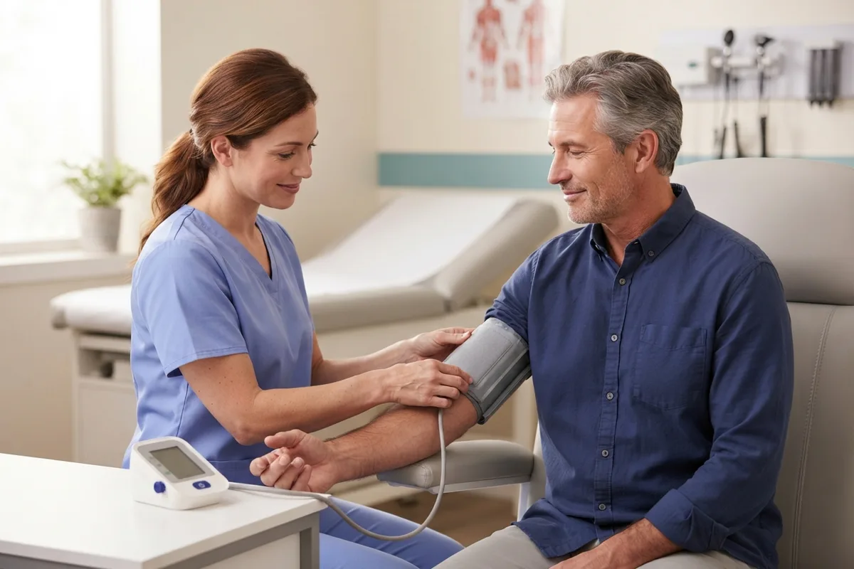Nurse checking a man's blood pressure in a doctor's office, one of the everyday health habits that can affect hearing