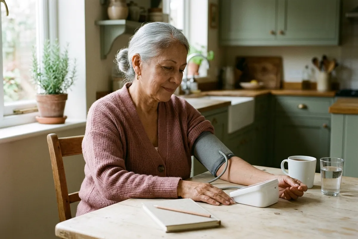Woman in her seventies at a kitchen table in soft morning light with an upper-arm blood pressure cuff on, checking whether a drop on standing explains why she is dizzy when getting out of bed