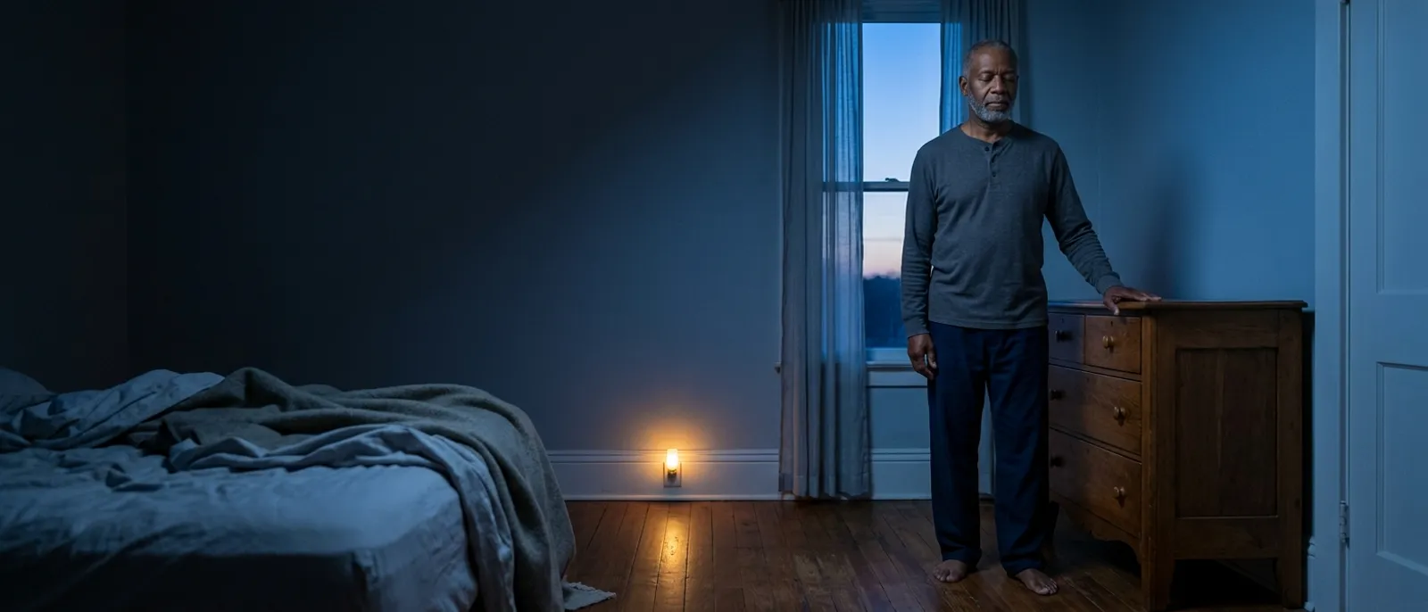 Man in his sixties pausing beside his bed in blue pre-dawn light with one hand on a dresser, a safe habit for anyone who feels dizzy when getting out of bed