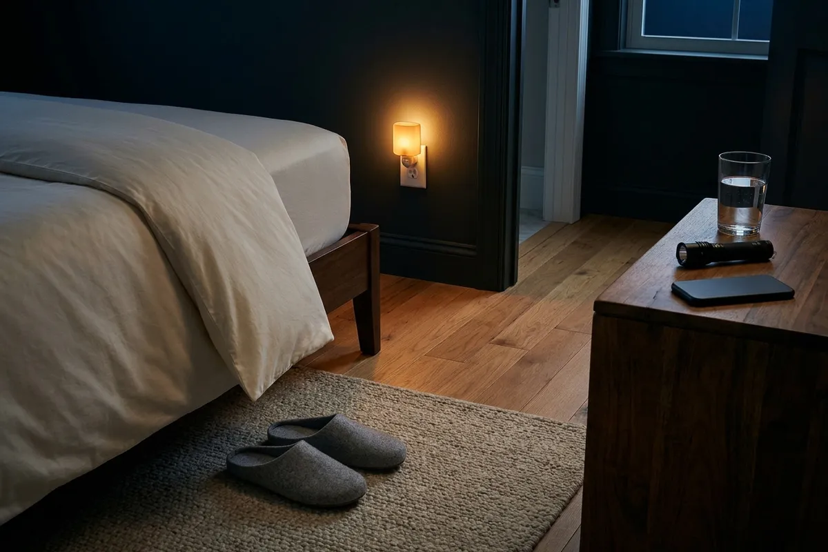 Bedside at night with a small plug-in night light glowing in a wall outlet, slippers placed by the bed and a glass of water on the nightstand, simple fall-prevention steps when you get dizzy after getting out of bed after 50