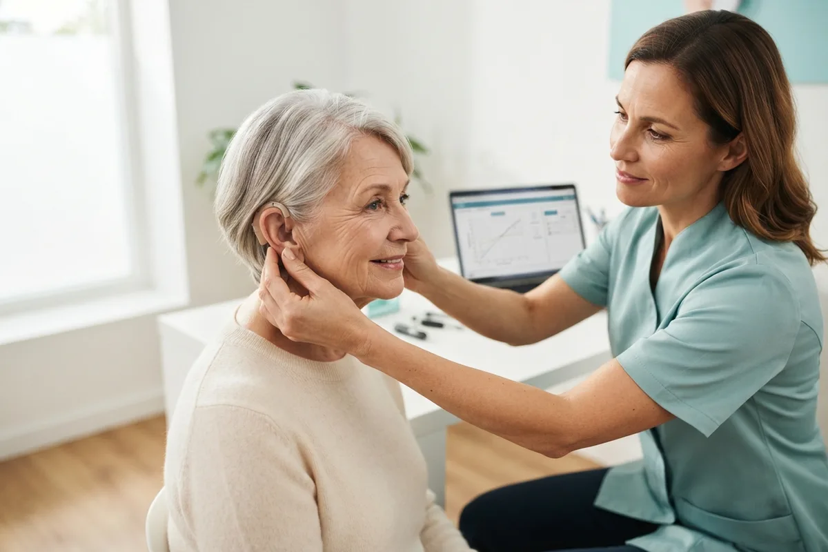 Audiologist fitting a small behind-the-ear hearing aid on an older woman in a bright clinic, showing how modern hearing aids are programmed to your hearing test