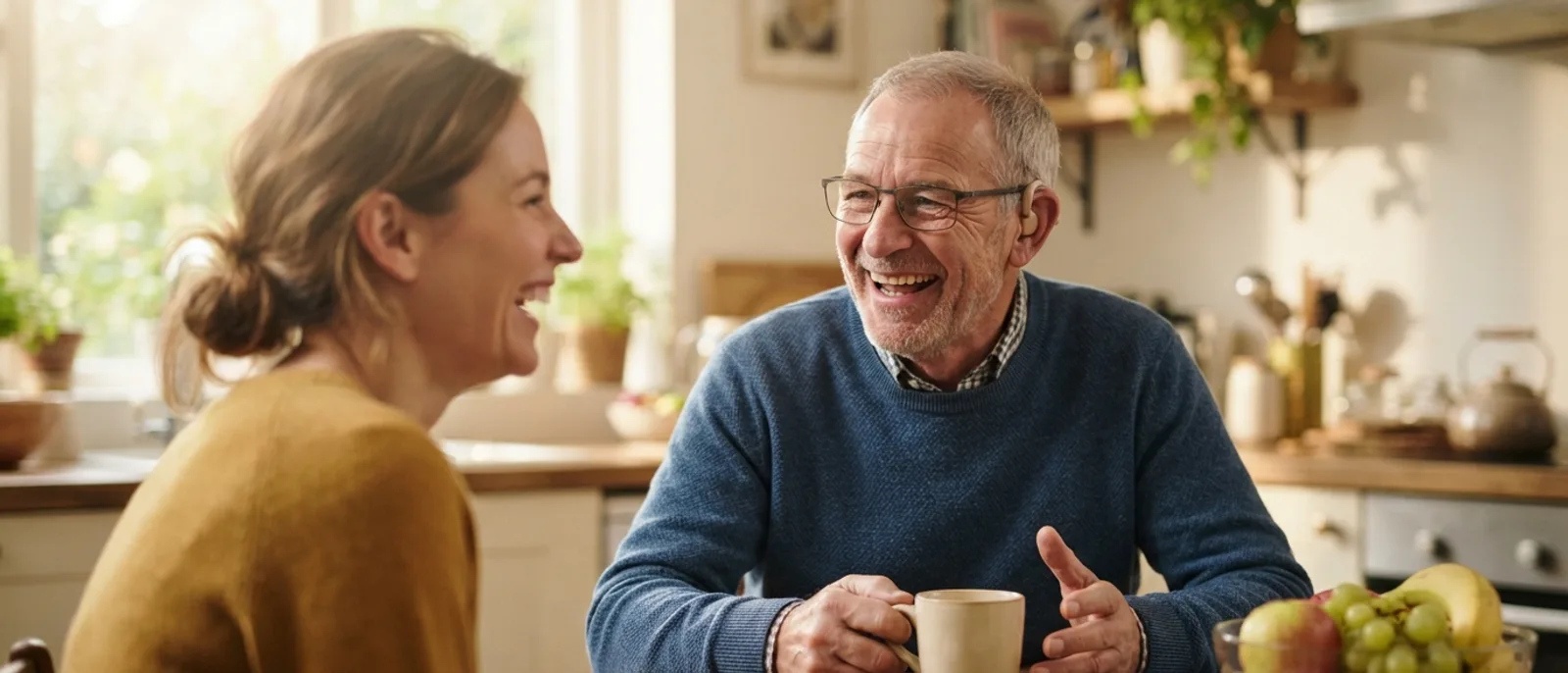 Smiling older man wearing a small behind-the-ear hearing aid laughing with his adult daughter at a sunlit kitchen table, comparing hearing aids vs. natural support for better conversations