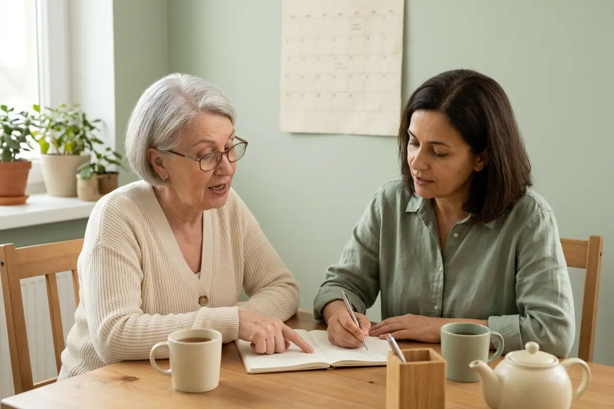 Older woman and her adult daughter writing questions in a notebook before a doctor visit — asking about both hearing and memory when hearing loss and dementia are a worry