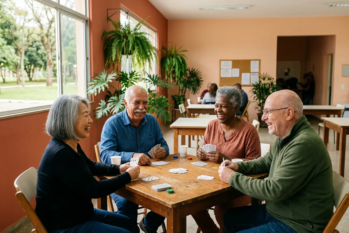 Group of older friends laughing around a card table at a community center — staying socially connected supports hearing health and brain health