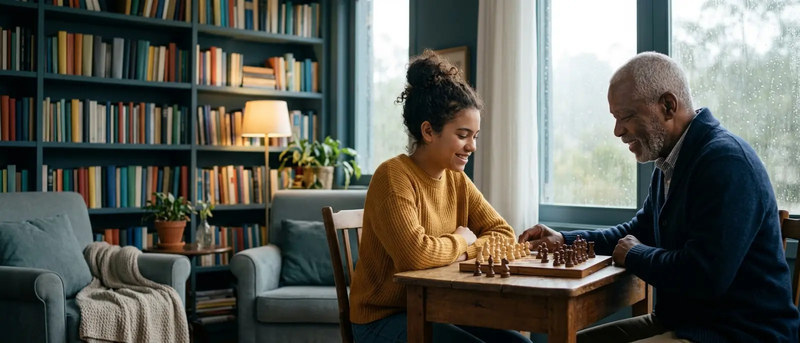Older man playing chess with his teenage granddaughter by a rainy window, both focused and smiling — staying mentally and socially engaged matters in the link between hearing loss and dementia