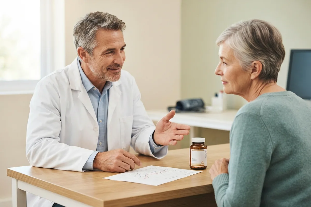 Doctor discussing a hearing supplement and a hearing test chart with an older woman in a bright consultation room