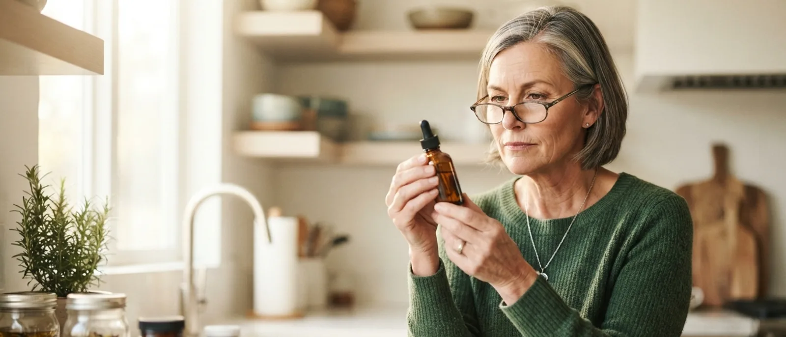 Woman in her sixties reading the label of a small amber dropper bottle in a bright kitchen, checking the facts about natural hearing supplements