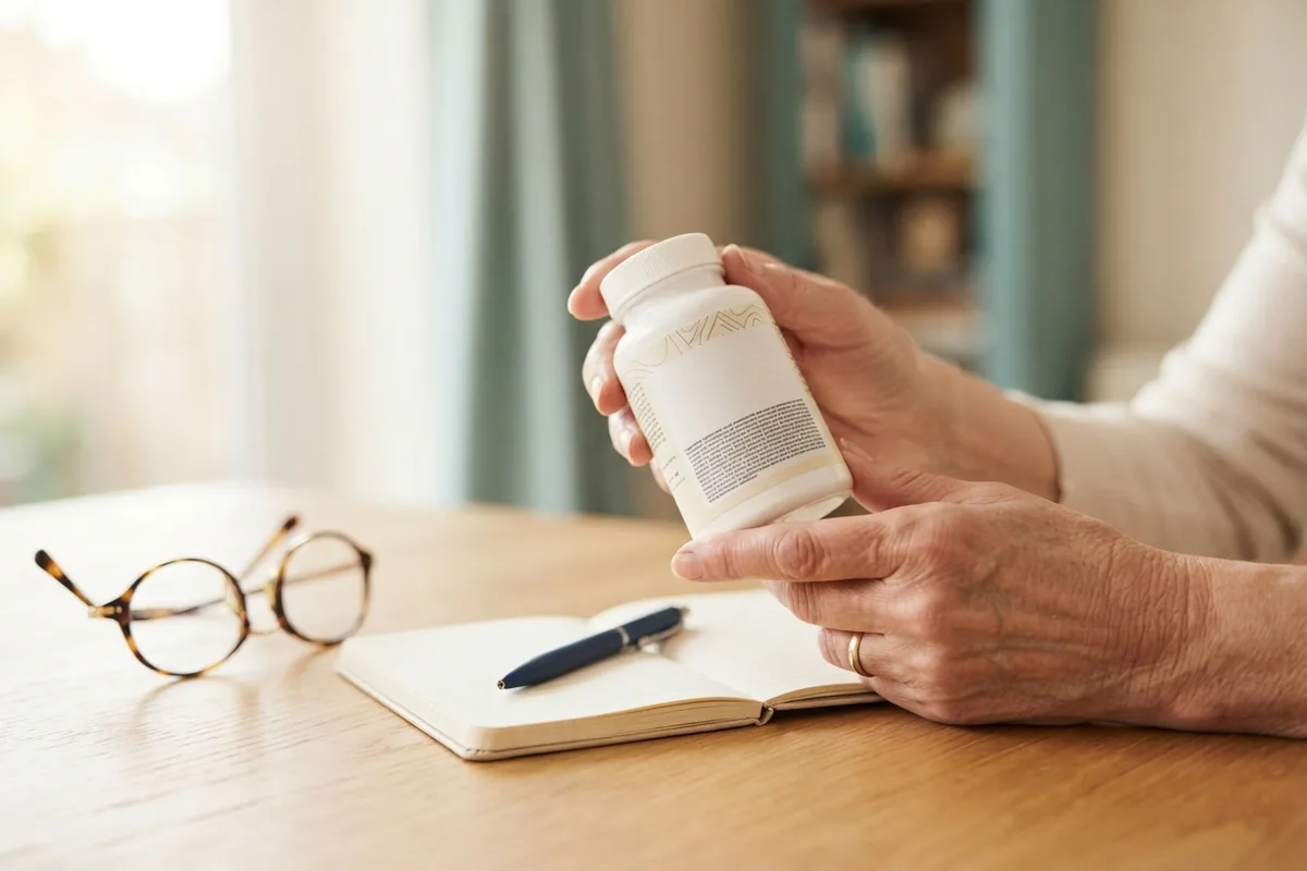 Older hands holding a plain supplement bottle to read the label carefully, a key step in judging natural hearing supplements