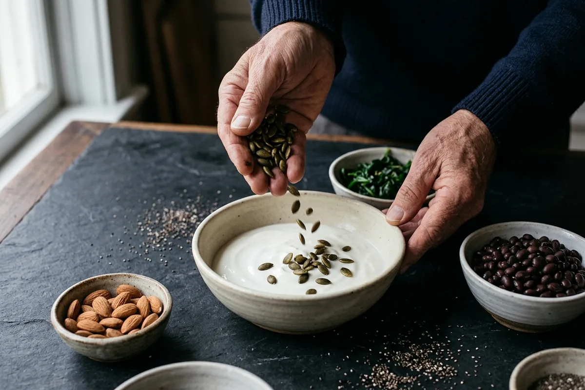 Older man's hands scattering roasted pumpkin seeds over a bowl of yogurt next to small bowls of almonds, black beans and cooked spinach on a dark slate counter — food sources of magnesium for vertigo, the lowest-risk place to start