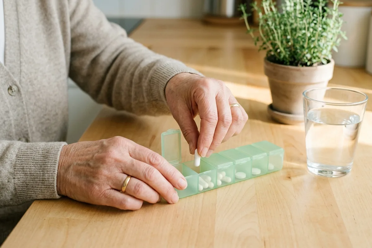 Hands of a woman in her sixties sorting plain white capsules into a blank weekly pill organizer beside a glass of water in morning light — spacing a magnesium supplement away from osteoporosis drugs and antibiotics after 50