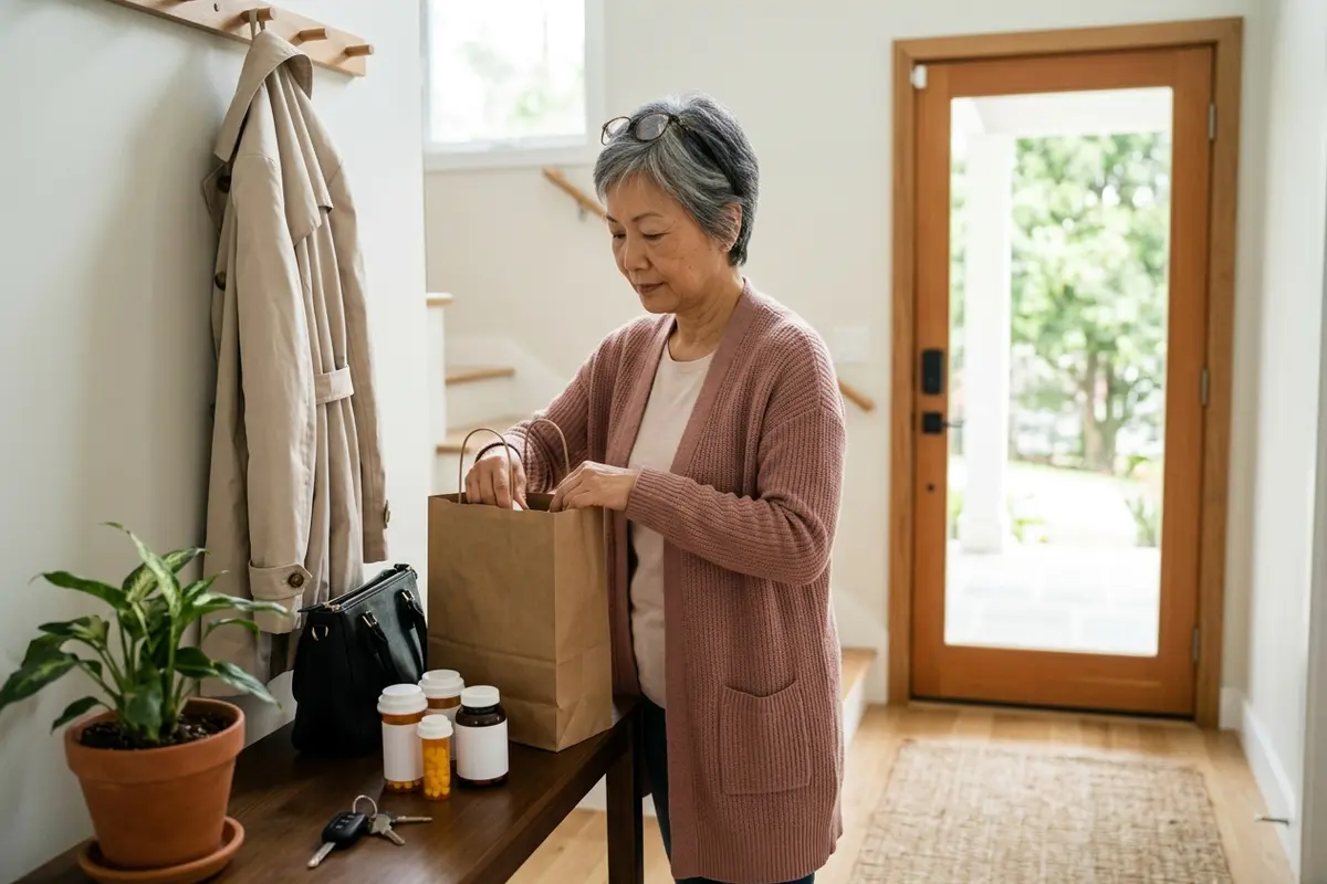 Woman in her early sixties packing all her unlabeled pill bottles and supplement jars into a paper bag before an appointment to ask about medications that cause tinnitus