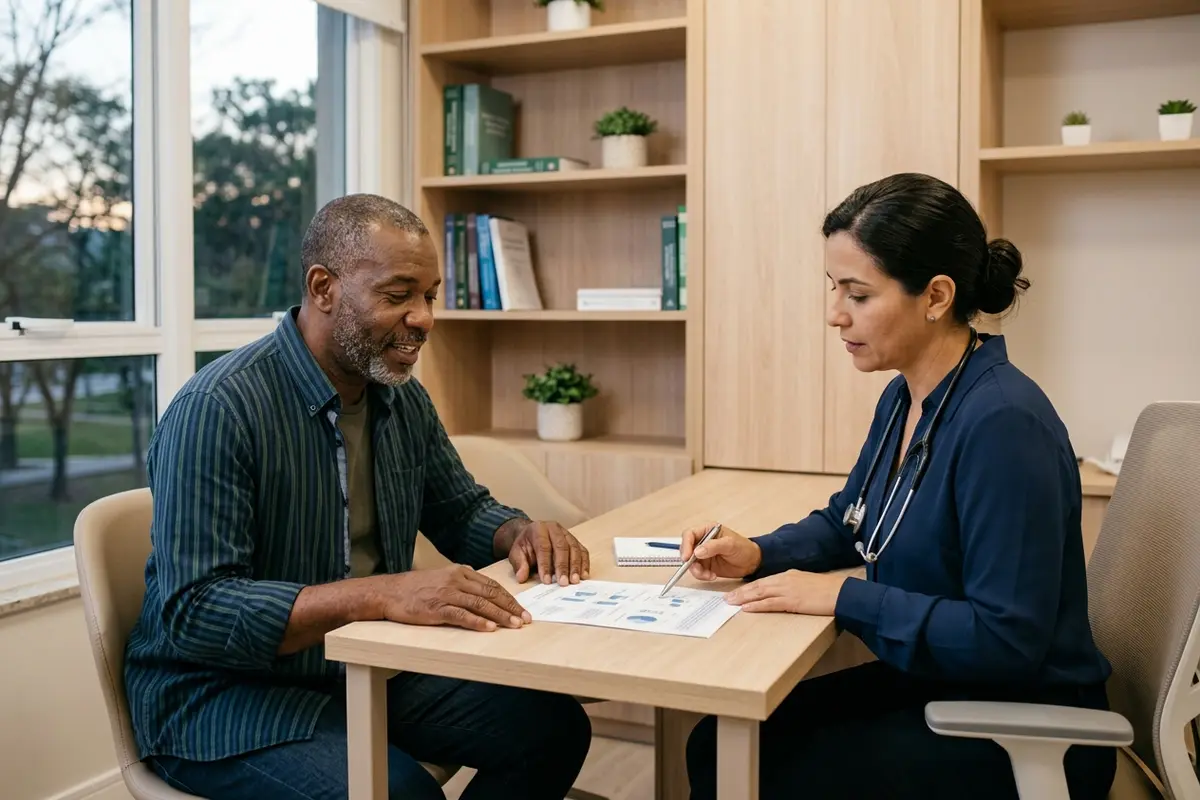 Black man in his fifties reviewing a printed list of his medicines with a female physician at a small consultation desk