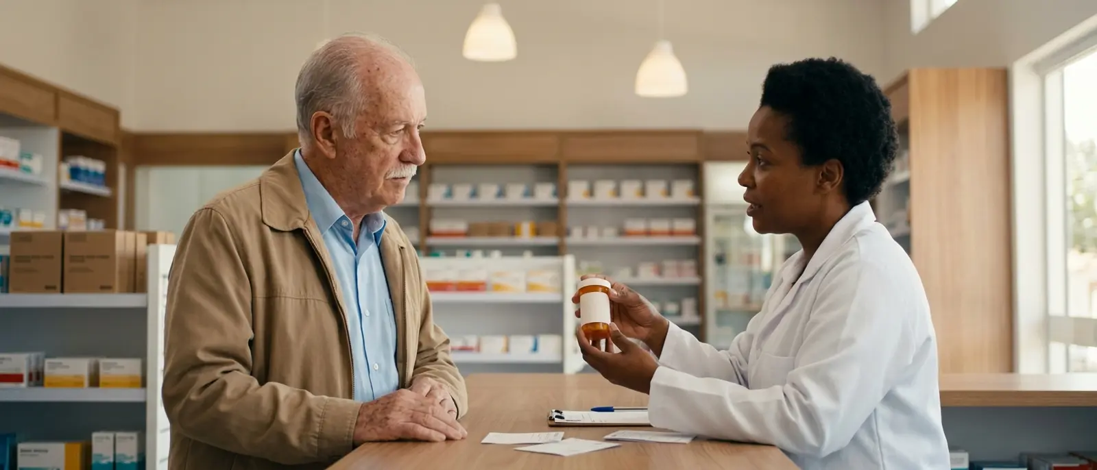 Man in his late sixties at a pharmacy counter asking a pharmacist about his prescriptions — checking for medications that cause tinnitus