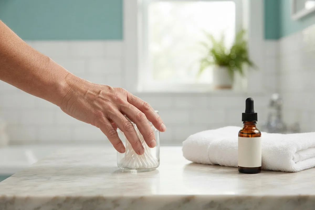 Hand sliding a jar of cotton swabs away on a bathroom counter, since swabs should not be pushed into the ear canal