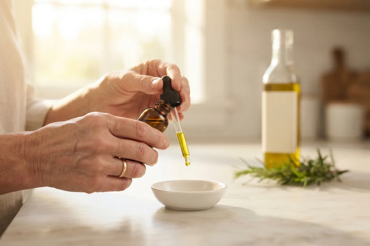 Older woman's hands holding an amber dropper bottle of olive oil over a small dish, the natural home remedy used to soften earwax