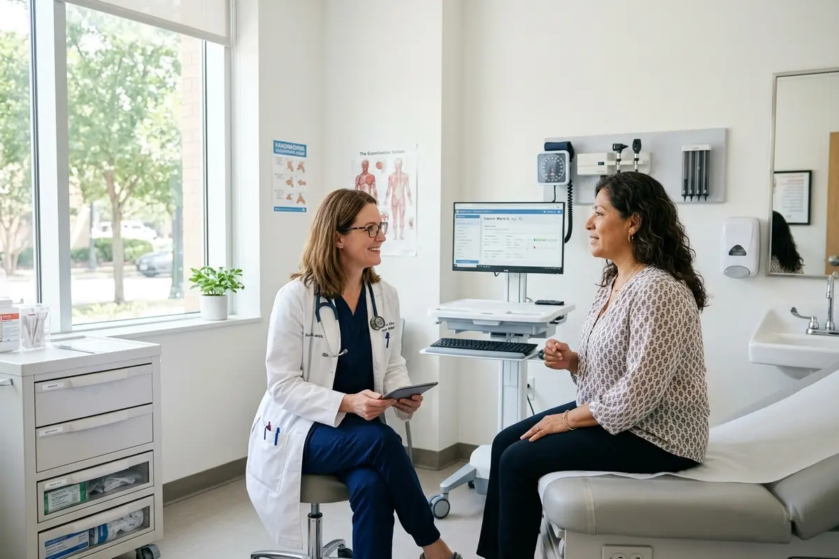 Woman in her fifties talking with her doctor in a bright clinic room — part of a proper check-up for tinnitus during menopause