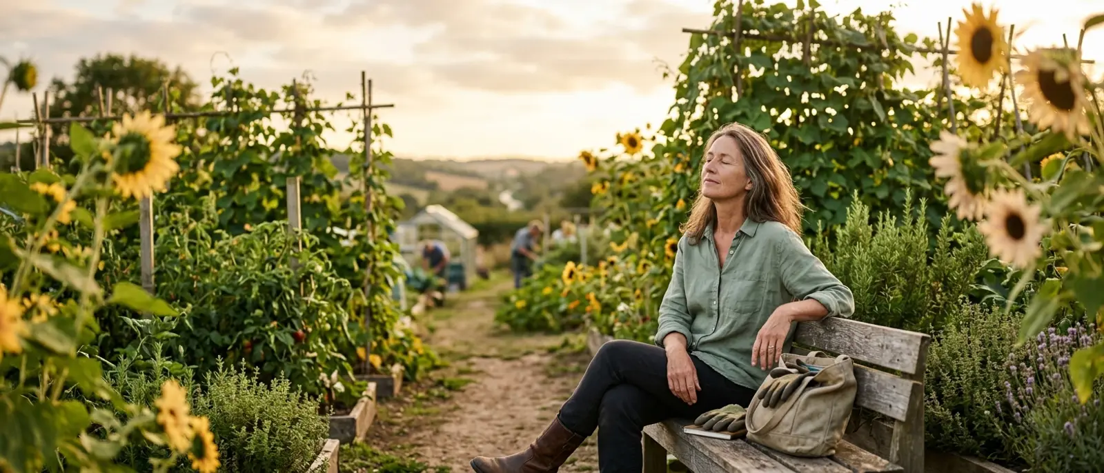 Woman in her early fifties sitting on a garden bench at golden hour with her eyes closed, listening quietly — many women first notice tinnitus and menopause changes around the same time