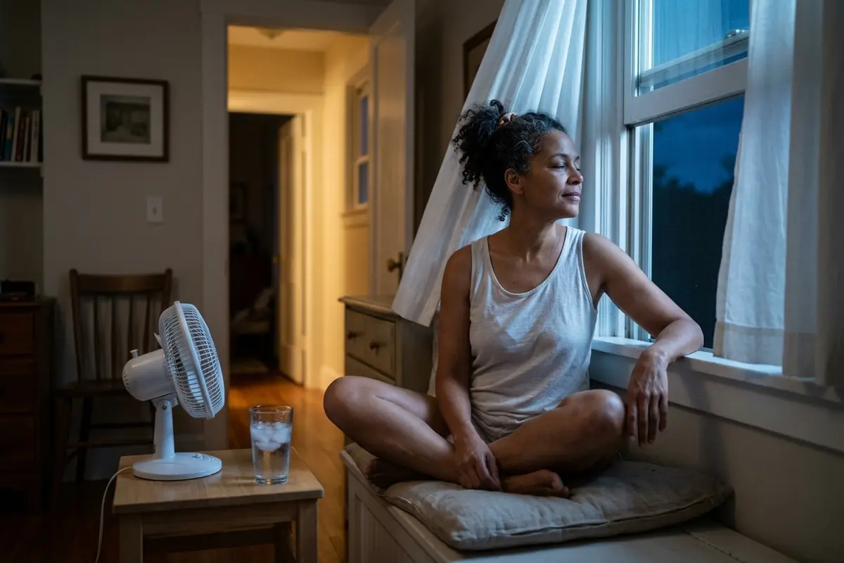 Woman in her early fifties cooling off by an open bedroom window at night with a quiet electric fan running beside her
