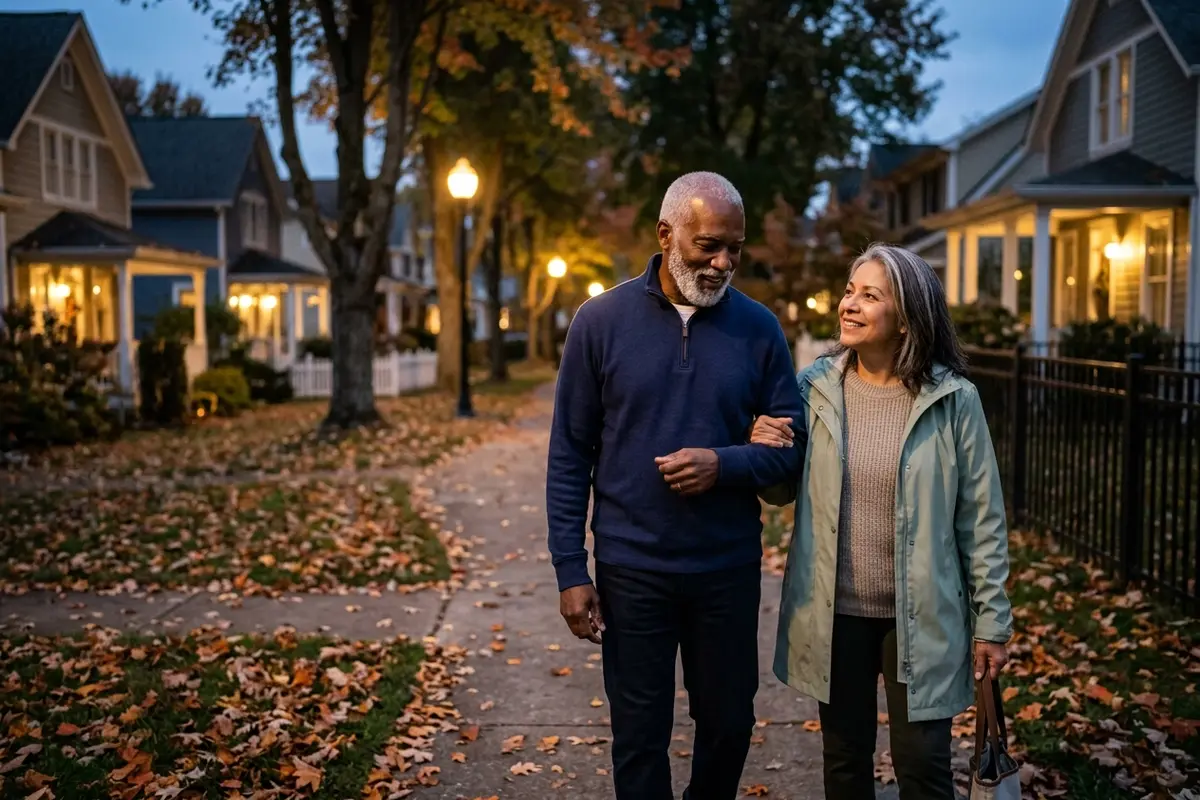 Couple in their sixties walking arm in arm on a quiet tree-lined street at dusk — unwinding after a stressful day before bedtime