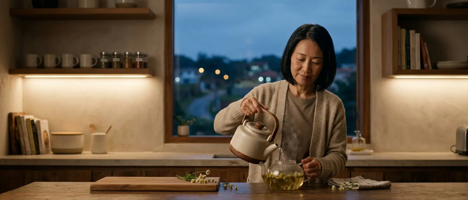 East Asian woman in her early fifties pouring herbal tea in a softly lit kitchen at dusk, winding down for the evening — a calm routine when tinnitus is worse at night