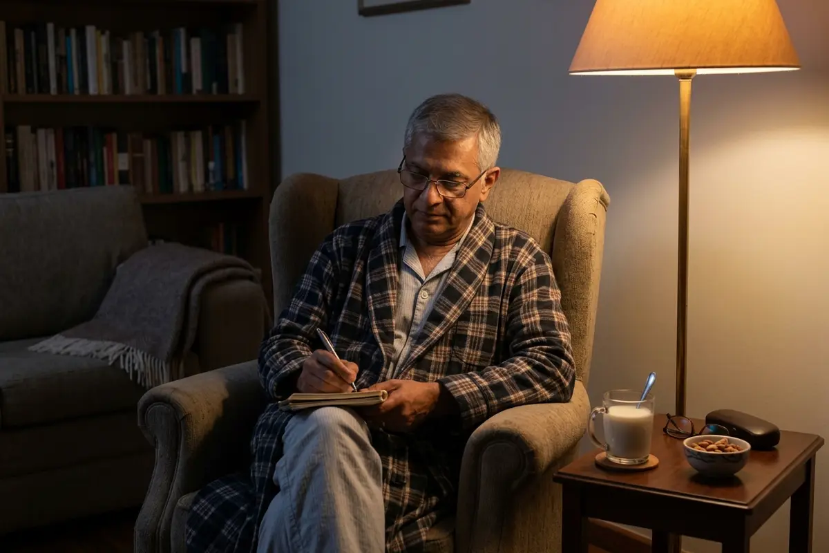 South Asian man in his mid-sixties sitting in a reading chair under a dim lamp in the middle of the night, writing in a notebook after tinnitus woke him up