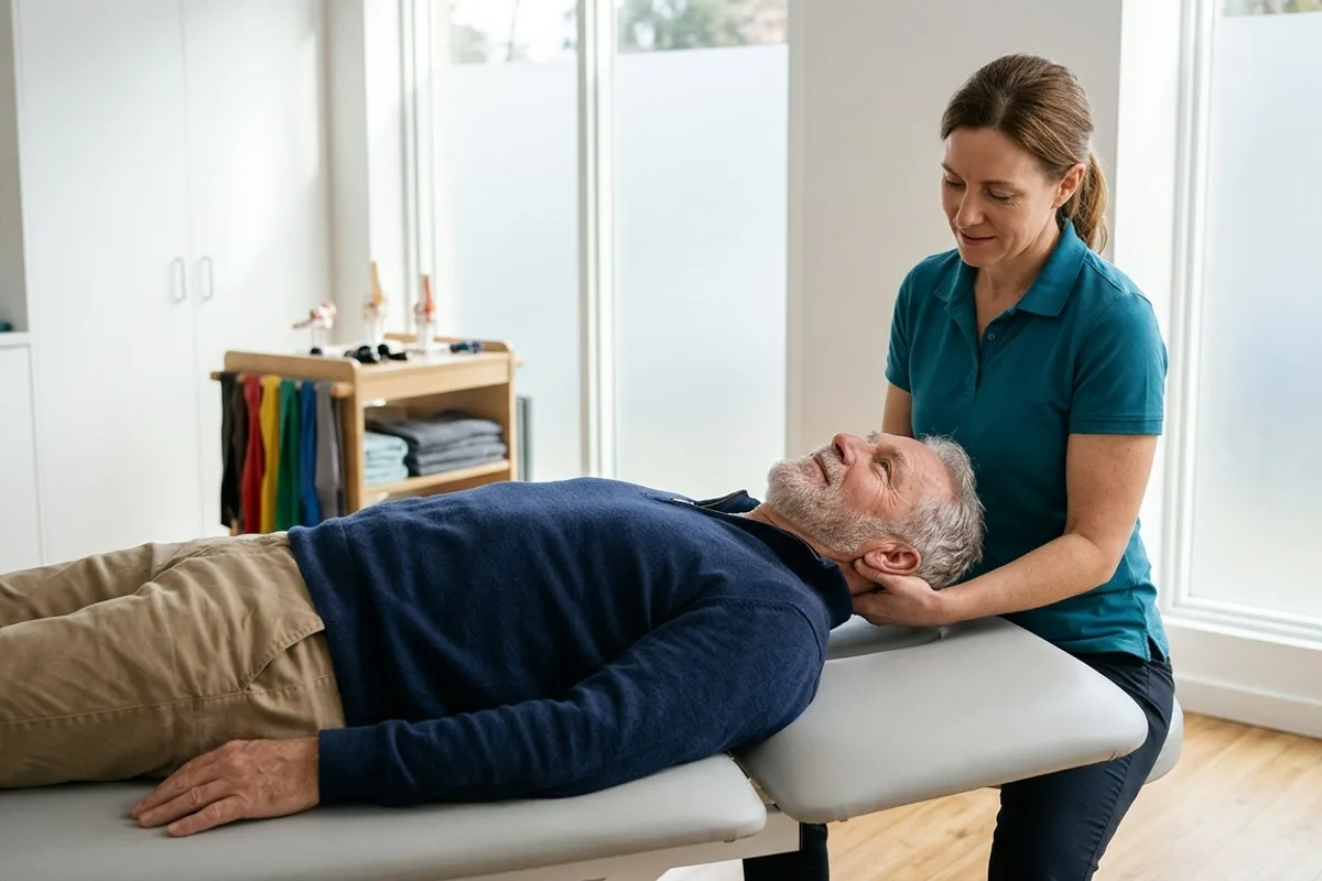 Physical therapist gently supporting the head of a man in his sixties lying back on a padded treatment table during an Epley repositioning maneuver for BPPV vertigo