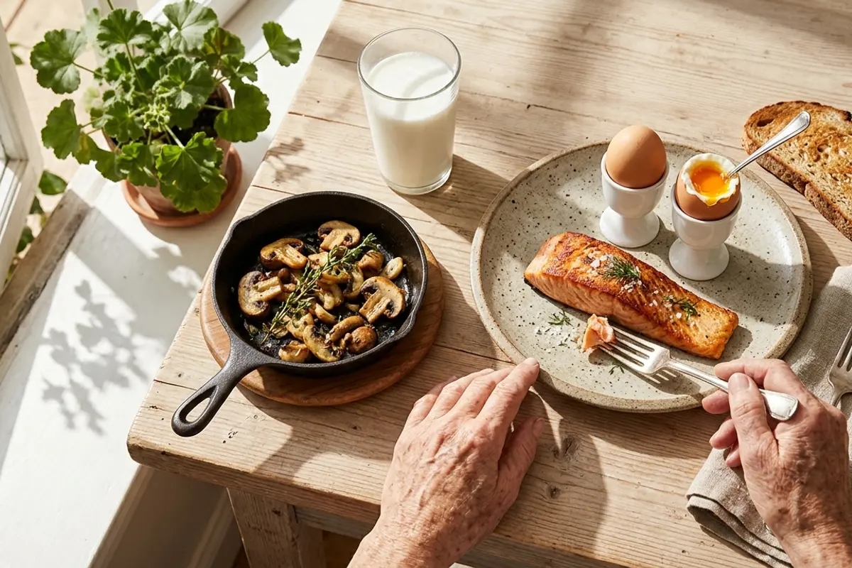 Sunlit breakfast table by an open window with grilled salmon, soft-boiled eggs, sauteed mushrooms and a glass of milk, everyday food sources for adults weighing vitamin D and vertigo prevention after 50