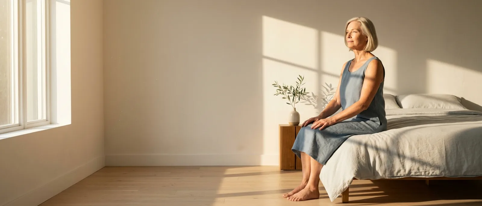 Woman in her sixties sitting upright and steady on the edge of her bed as early morning sunlight pours through a tall window onto her face and arms, a calm start to the day that reflects the link between vitamin D and vertigo (BPPV) after 50
