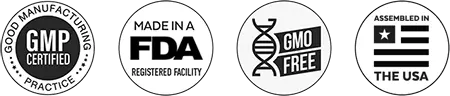 Audifort manufacturer badges: GMP certified, made in an FDA registered facility, GMO free, assembled in the USA