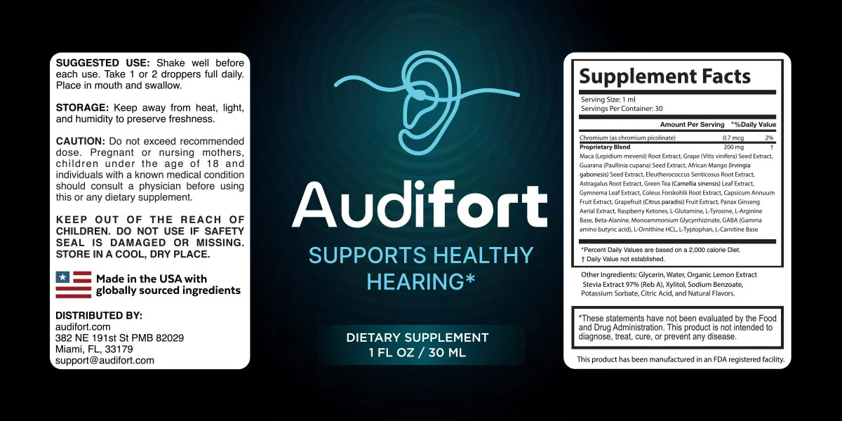 Audifort supplement facts label showing the full ingredient list for the hearing support formula