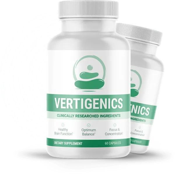 Two Vertigenics balance supplement bottles, 60 capsules each, official product photo