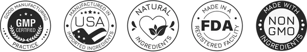 Vertigenics manufacturer badges: GMP certified, manufactured in the USA from imported ingredients, natural ingredients, made in an FDA registered facility, non-GMO