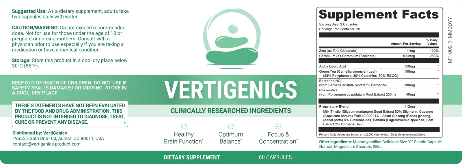 Official Vertigenics supplement facts label showing doses of zinc, chromium, alpha lipoic acid, green tea, berberine and resveratrol